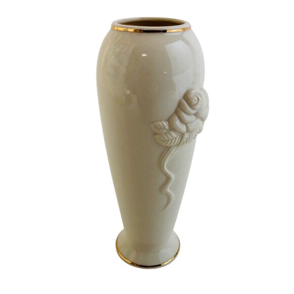 Lenox Rose Blossom Bud Vase Cream China 24kt Gold Trimmed Embossed Floral 8 in - Picture 9 of 10